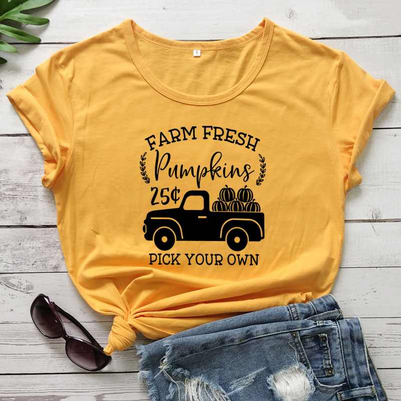 Women Thanksgiving Fall Top Tee Vintage Pumpkin Truck Harvest Holiday Tshirt Farm Fresh Pumpkins Pick Your Own T-shirt