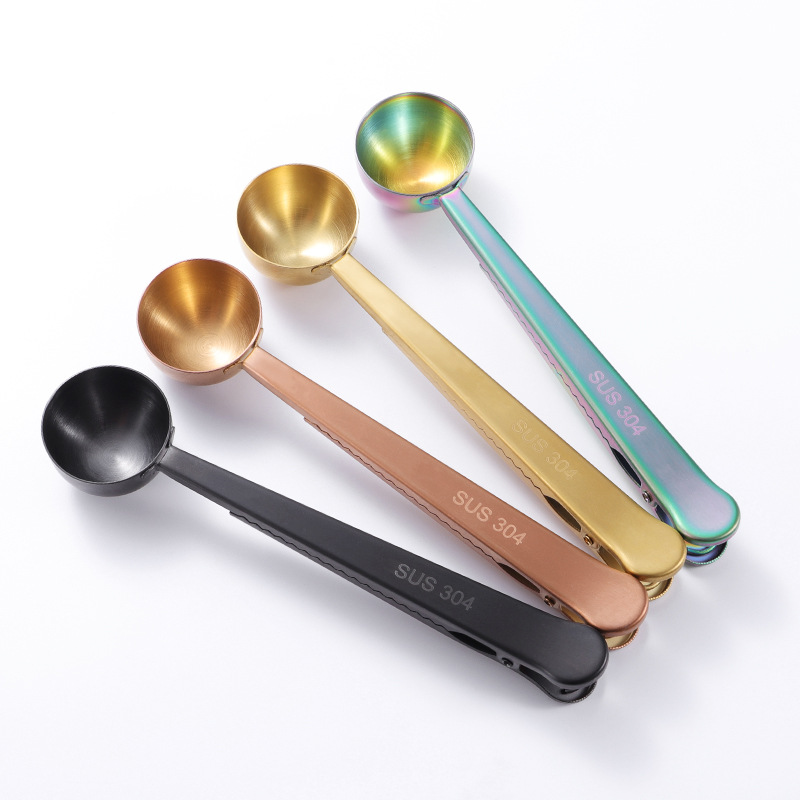 Two-in-one Multifunction Coffee Spoon 304 Stainless Steel Kitchen Supplies Scoop With Bag Seal Clip Coffee Measuring Spoon