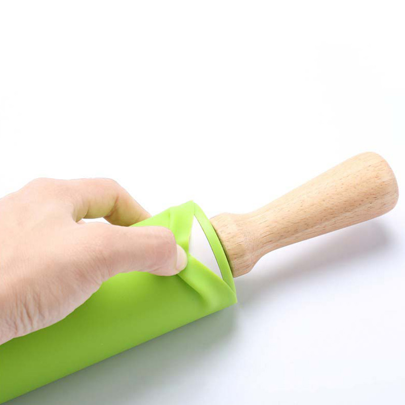 Non-Stick Wooden Handle Silicone Rolling Pin Pastry Dough Flour Roller Kitchen Baking Cooking Tools Household