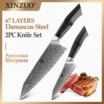 XINZUO 2PCS Kitchen Knives Set VG10 Damascus Steel Sharp Chef Utility Knives Knife Comfortable G10 Handle Home Gadget Gift Case