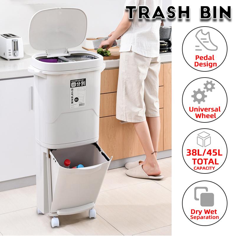 38/45L Larger Capacity 2 Layers Trash Cans Wet and Dry Garbage Sorting Buckets Vertical Wheels Household Bin Recyclable Storage