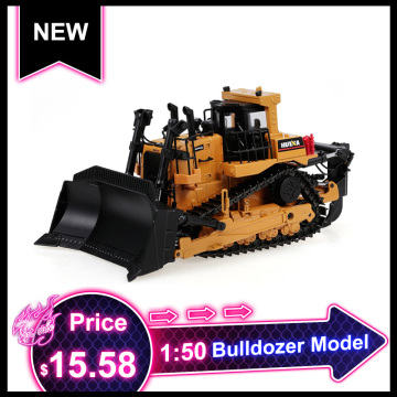 HUINA 1700 1:50 Die-Cast Alloy Heavy Bulldozer Engineering Truck Static Model Caterpillar Wheel Bulldozer Kids Educational Toy