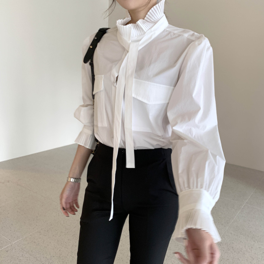 Women Blouses Pleated Lace Up Stand Collar Solid Color Double Pockets Petal Sleeve Femme Blusas Autumn New Women Shirts PL402