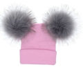 Kids Warm Winter Caps Double Fur Pom Pom Beanie Wool Knitted Hat Baby Boys Girls Two Raccoon Balls Cap