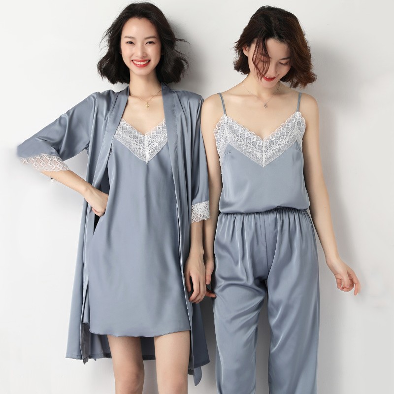 Women 5PCS Sleepwear Sexy Robe Kimono Gown Spring Summer Nightwear Casual Bathrobe Silky Satin Sleep Set Home Clothes Negligee