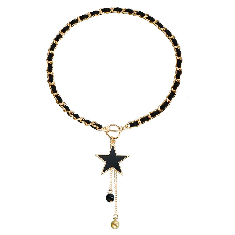 Fashion velvet choker necklace tiny tassel black necklace Star Charms Black Velvet Wrapped Gold Chain Choker & Tassel Necklace