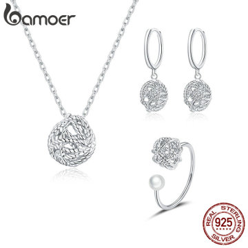 bamoer Genuine 925 Sterling Silver Ball of yarn Chain Clip Earrings and Necklace Jewelry Sets for Women 2020 christmas ZHS221