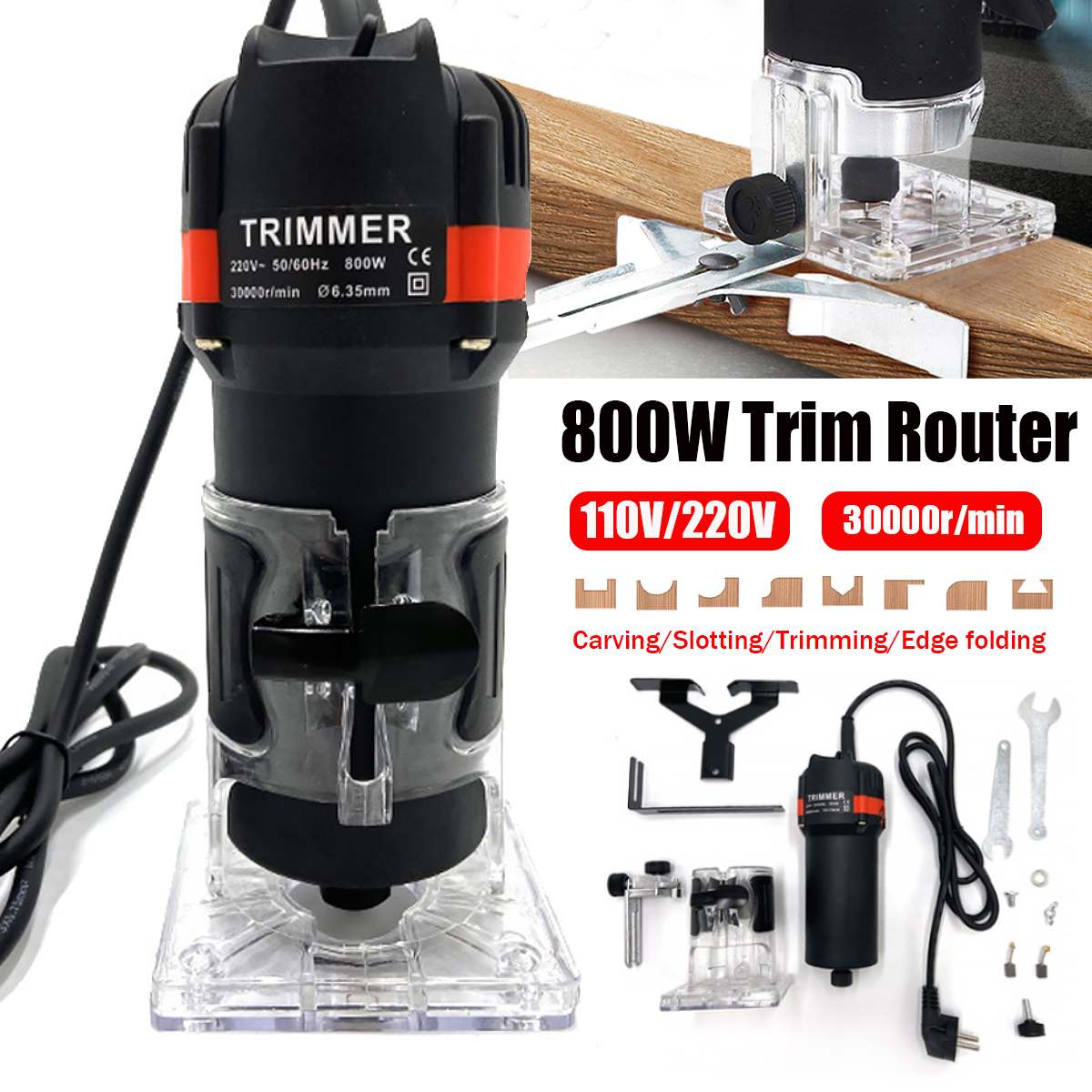 EU US Plug 800W 30000RPM Woodworking Electric Trimmer Wood Milling Engraving Carving Slotting Trimming Machine Wood Router