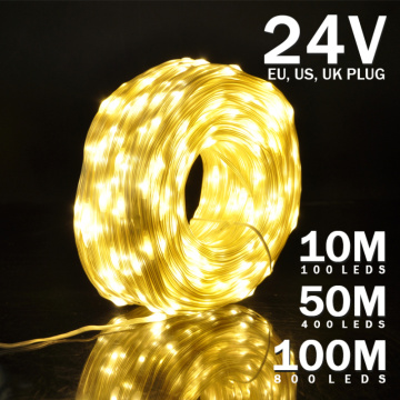 10M/50M/100M 24V New Outdoor Waterproof Christmas Light Fairy String Lights 8 Modes Decorative Lights For Garden Mall Eaves