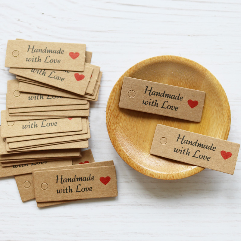 100pcs Kraft Paper Tags with Strings Handmade with Love Hang Tags Garment Tags for Candy/Gift/Cookies Display Packing Label Card