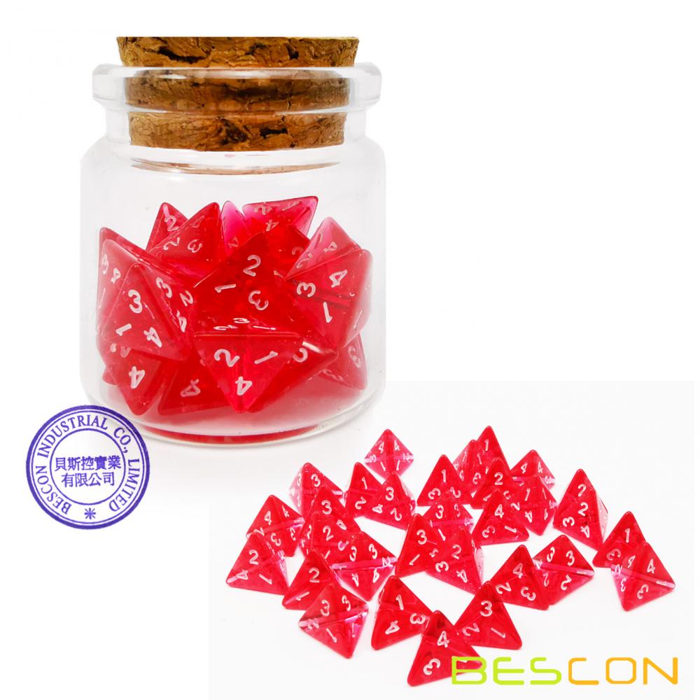 Bescon Mini Transparent Red D4 Dice 30pcs Healing Potion Bottle, 30pcs Roleplaying Mini Red Gem D4 Dice Healing Potion Pack