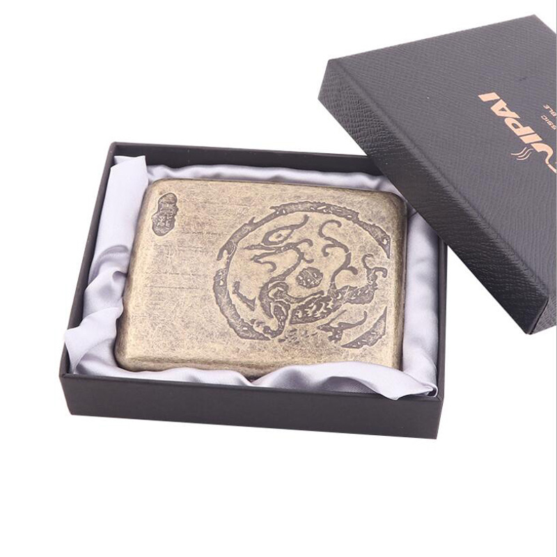 Vintage Metal Brass Cigarette Case with Gift Box Container 20 Pcs Regular Size Cigarettes Tobacco Holder Pocket Box Storage