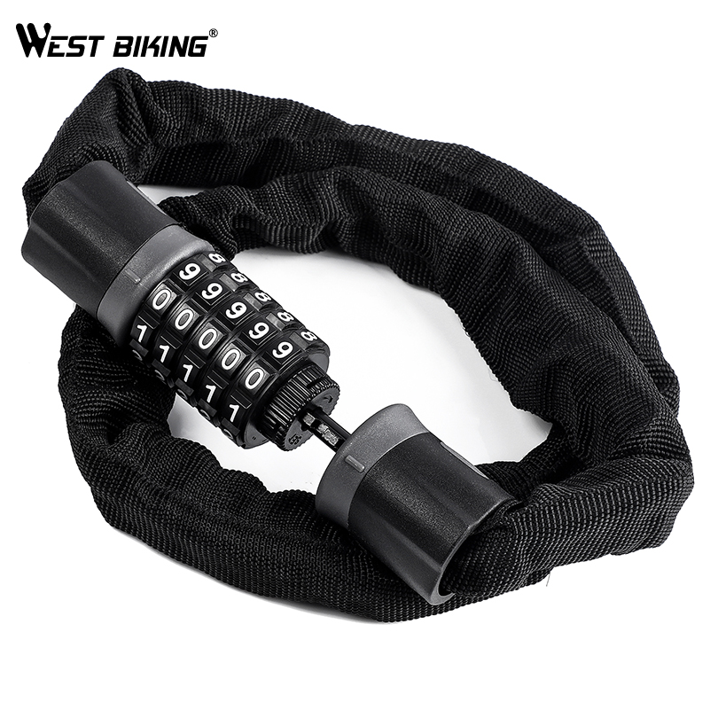 WEST BIKING Long Safty Chain Lock For Bike Anti-theft Steel Password Code Motorcycle Lock Cycling Electric Bicycle Accoessories