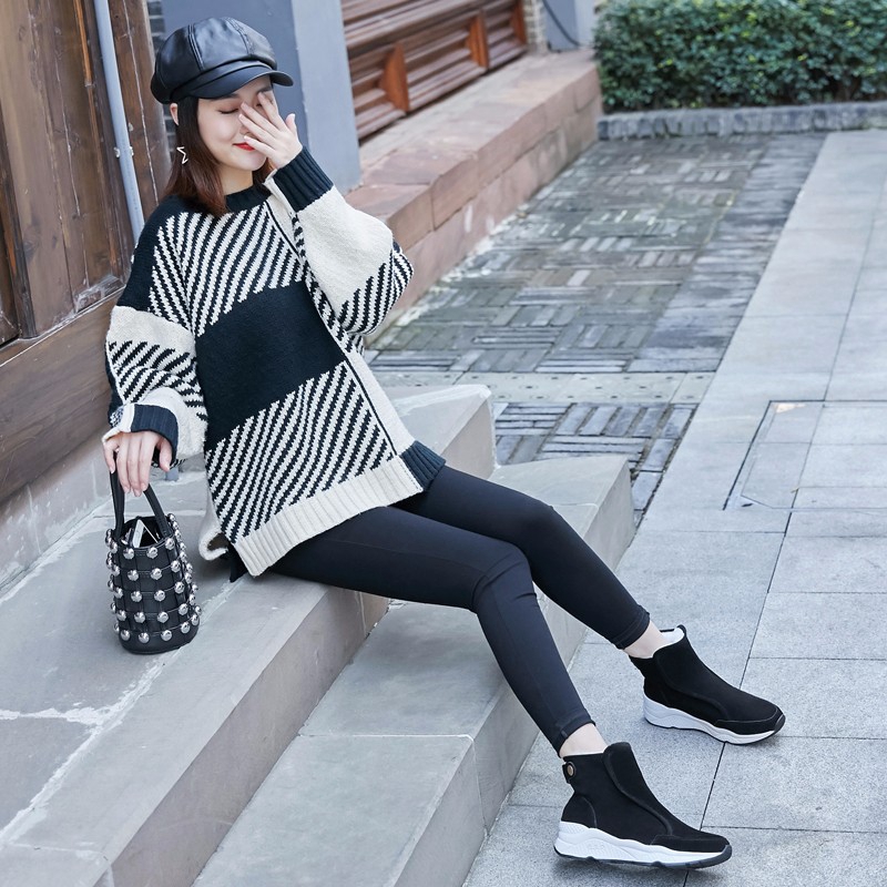 DLEK Ankle Snow Boots Women Solid Height Increasing Shoes Flock Khaki Black Metal Button Non-slip Wedges Female Boots