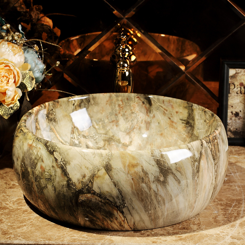 Ceramic Above Counter Basin Round Art Basin Marble Pattern Basin Bathroom Hand Wash Basin Household Single Shampoo Sinks