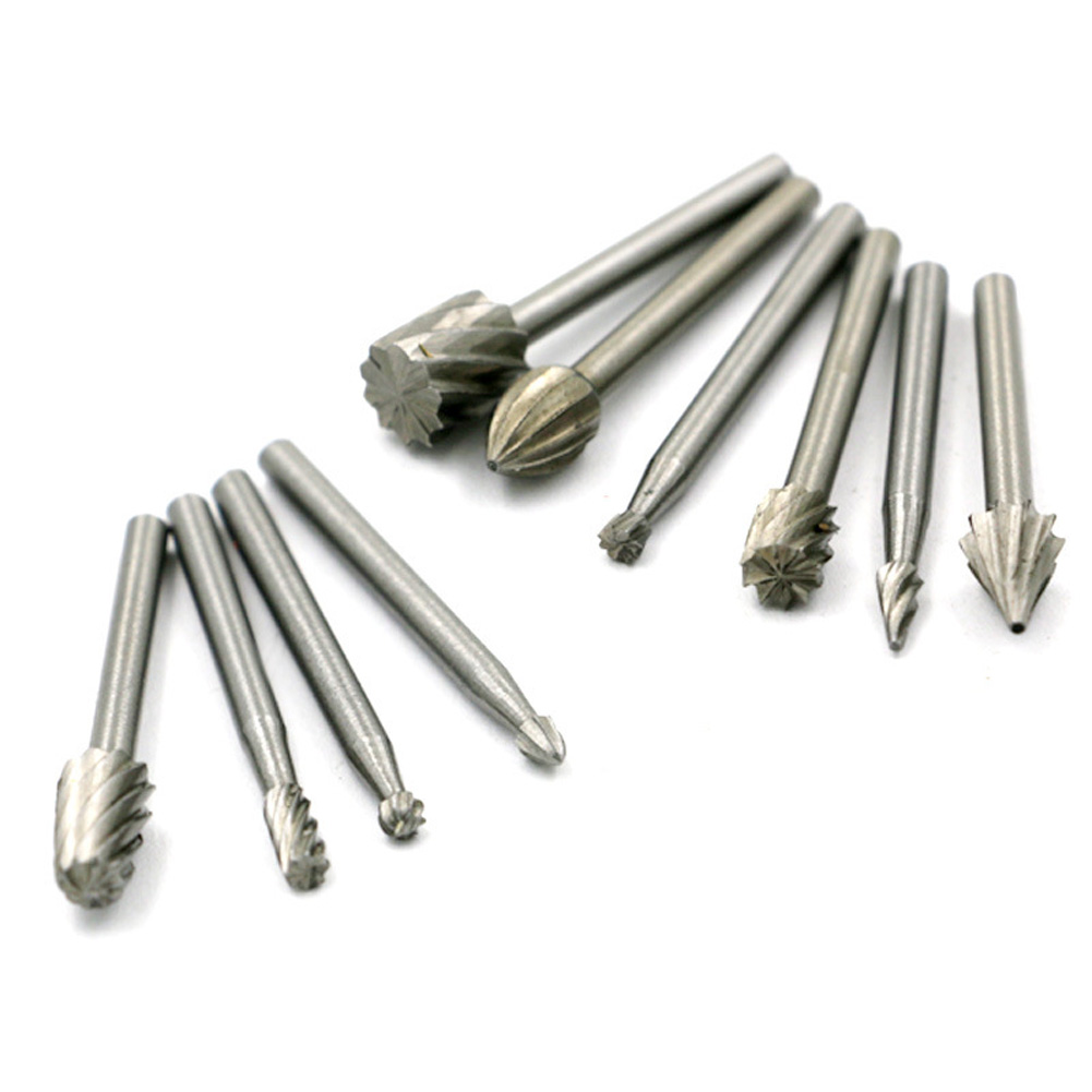 10pcs Carbide Burrs Round HSS Rotary Burr Drill Bits Set Woodworking Wood Carving Chamfering Engraving File Rasp Cutter Tool