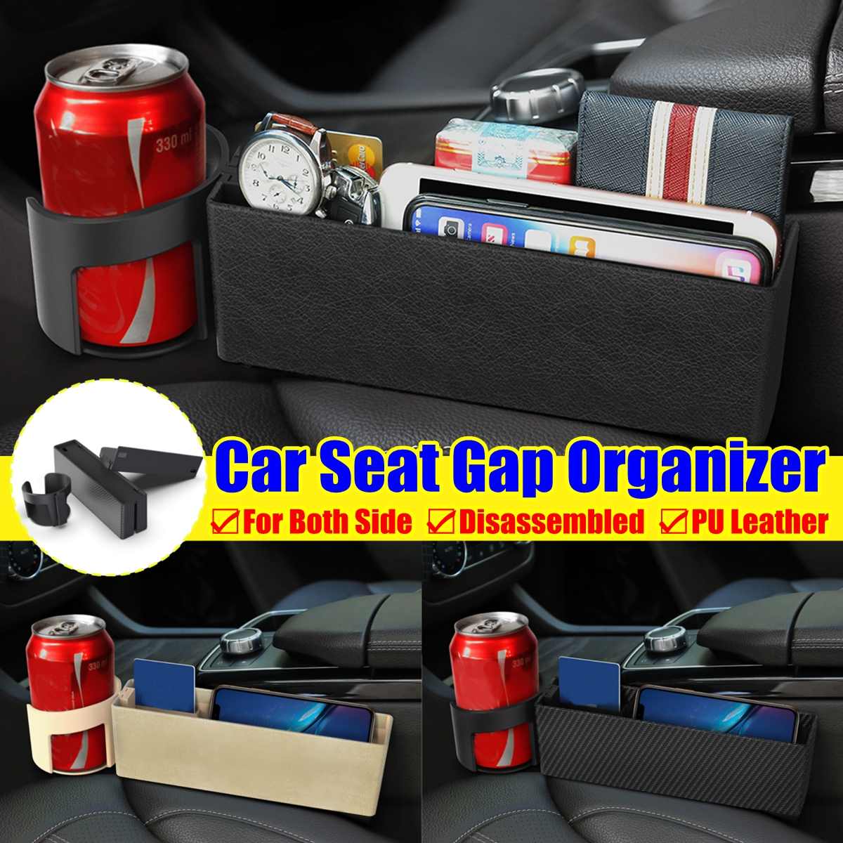 2x/1x Car Seat Side Storage Organizer Box Slit Pocket PU Leather Car Foldable Drink Cup holder Bracket Multi-function Organizer
