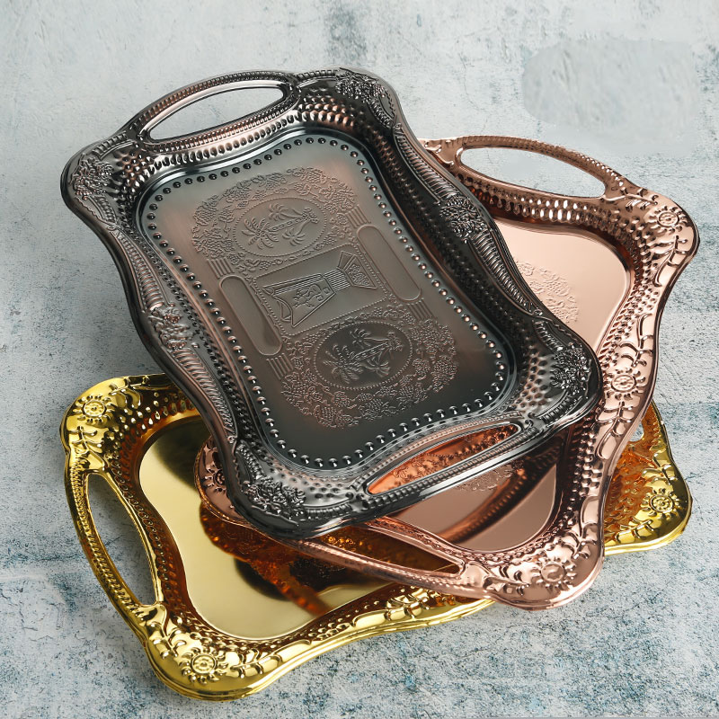 JINSERTA Metal Serving Tray Retro Dessert Cake Plate Tea Cup Coffee Tray with Handle for Home Party Wedding Hotel Cafe Decor