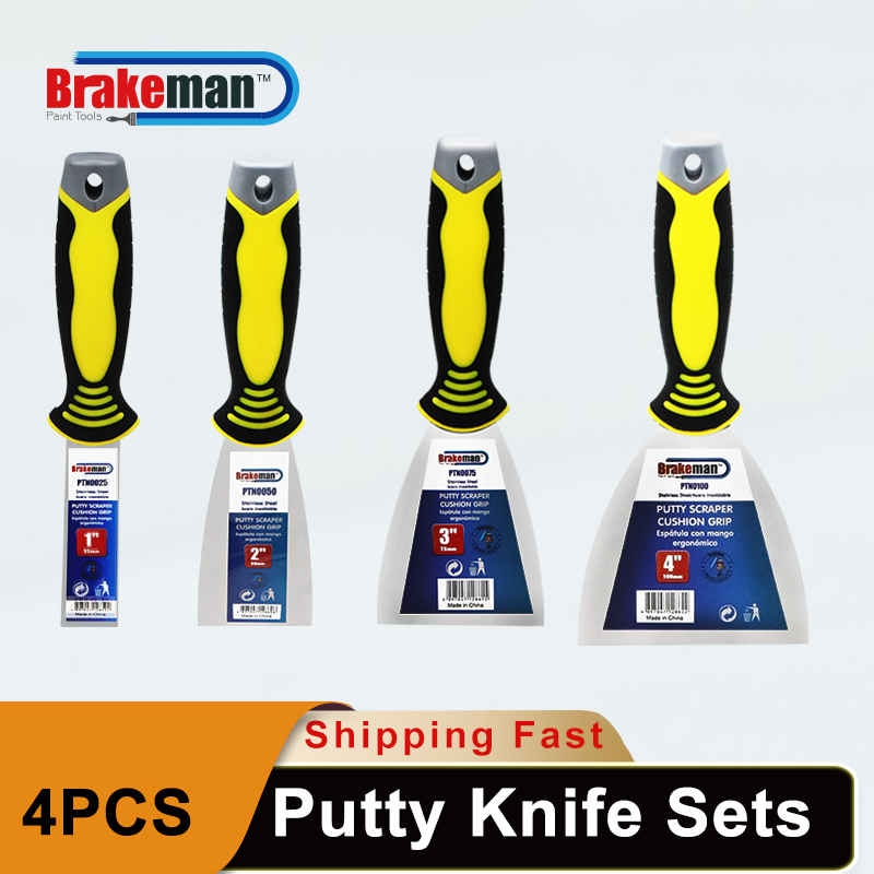 BRAKEMAN Putty Knife Set 4 Paint Tool Stainless Steel Plastic Handle Plaster Shovel Filling Spatula Tang Scraper Wall Decorate