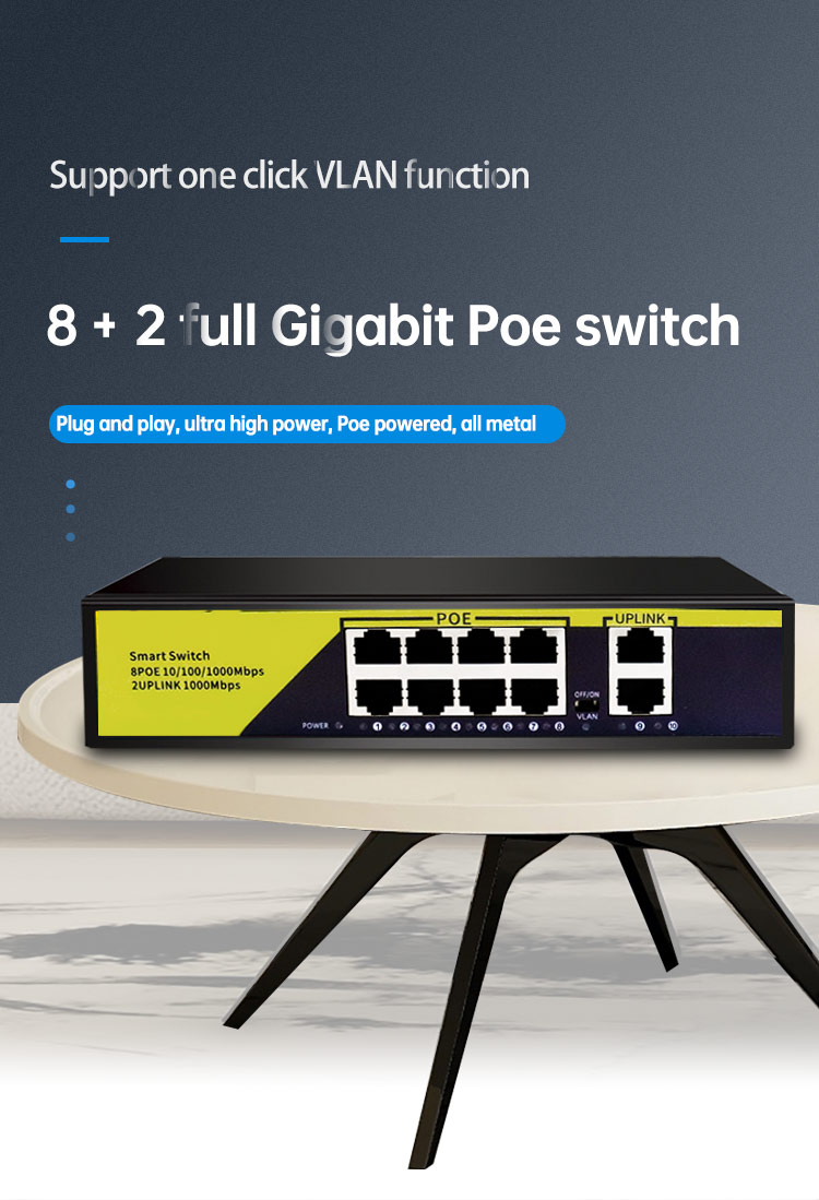 10Port POE Gigabit Switch 48V VLAN 10/100/1000Mbps 8 poe 1000M port+2uplink port Network Switch for CCTV IP Camera Wireless AP