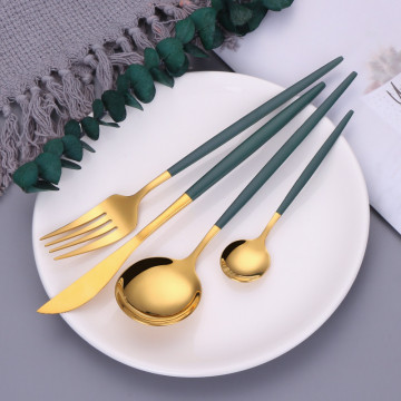 Flatware 18/10 Stainless Steel Cutlery Set Green Gold Dinnerware Spoon and Fork Set Fruit Forks for Kids Chopsticks Dropshipping