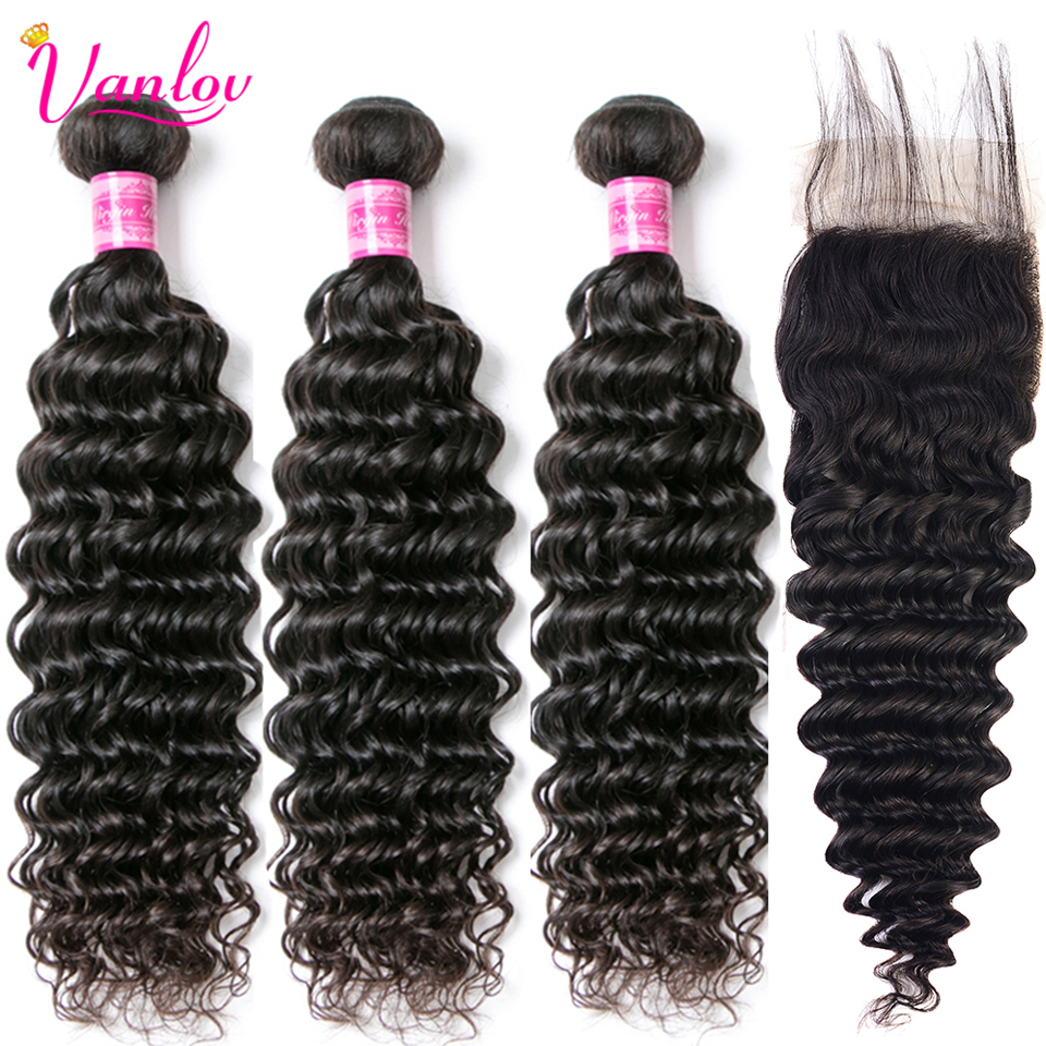 Vanlov Deep Wave Bundles With Closure Human Hair Peruvian Hair Weave 3 Bundles With Closure 1B#/1# Jet Black Remy Hair Extension