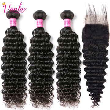 Vanlov Deep Wave Bundles With Closure Human Hair Peruvian Hair Weave 3 Bundles With Closure 1B#/1# Jet Black Remy Hair Extension