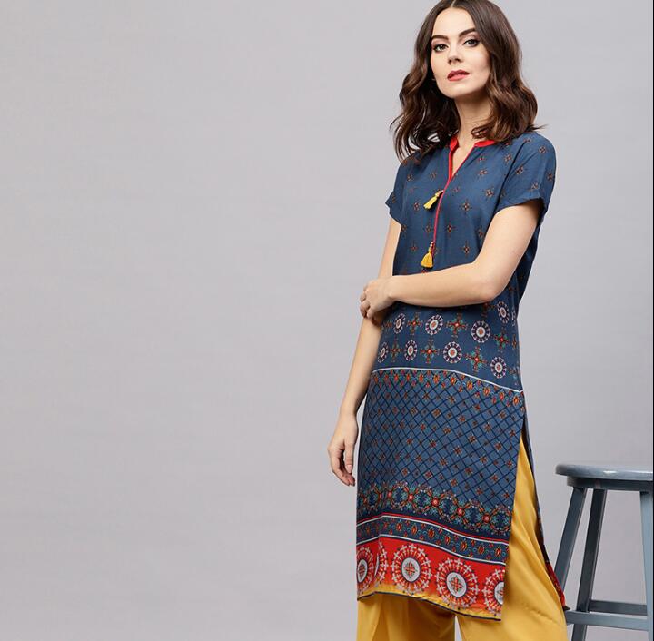 India Woman Traditional Ethnic Printing Costume Cotton Short sleeve Kurtas Spring Summer Travel Dress Beautiful Bluce Dance Top