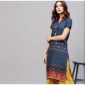 India Woman Traditional Ethnic Printing Costume Cotton Short sleeve Kurtas Spring Summer Travel Dress Beautiful Bluce Dance Top