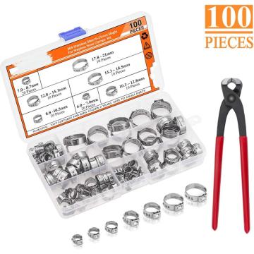 100 Pieces 6-21mm 304 Stainless Steel Single Ear Stepless Hose Clamps