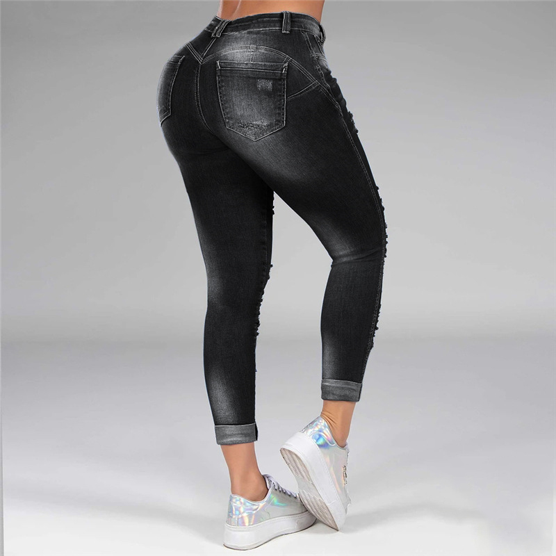 Washed Ripped Jeans Women Plus Size S-5XL Korean High Waist Trousers Skinny Denim Jeans Black Blue Hollow Bleached Pencil Pants