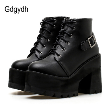 Gdgydh Spring Black Ankle Booties Shoes Women Round Toe Platform Autumn Boots Thick High Heels Lace Up And Buckle Ladies Shoes