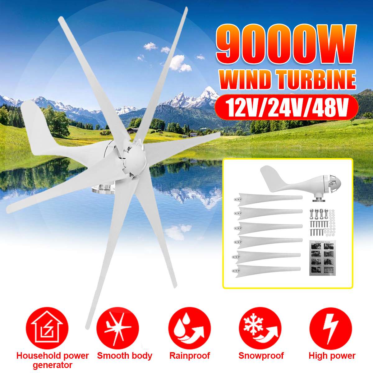9000W 12V/24V/48V 6 Nylon Fiber Blades Wind Turbine Generator Horizontal Power Windmill Energy Turbines Charge Fit for Home