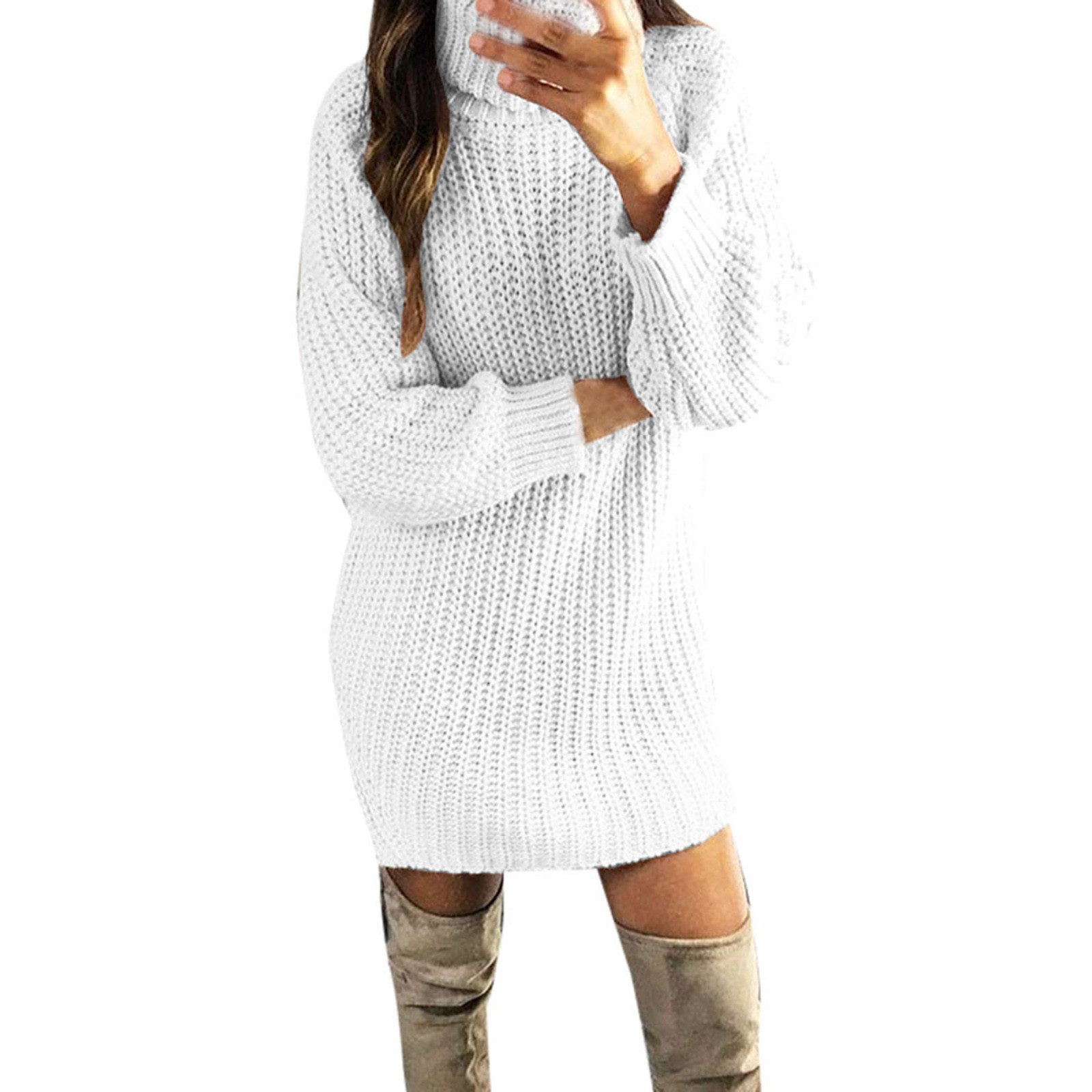 Dresses For Women Fashion Women Solid Turtle Neck Winter Autume Warm Knit Sweater Long Top Dress Ropa Mujer American Clothing