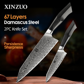 XINZUO Damascus Steel 2 Pcs Best Kitchen Chef Knives Set Stainless Steel Very Sharp Knives VG10 Steel G10 Handle Sharp Cutter