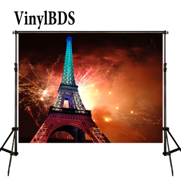 VinylBDS Eiffel Tower Backdrop Color Fireworks Romantic Wedding Background Firecracker Scenic Photography Backdrops for Studio