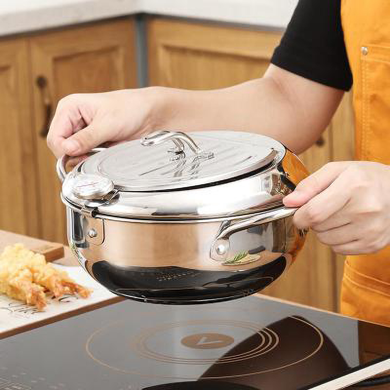 Kitchen Deep Frying Pot Thermometre Tempura Fryer Pan Temperature Control Fried Chicken Pot Cooking Tools Stainless Steel #T3G