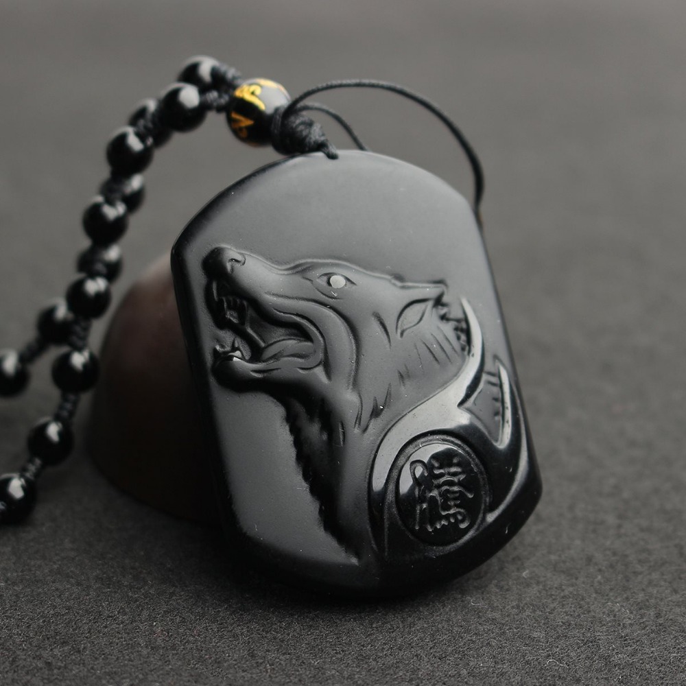 Fostfo Natural Black Obsidian Carving Wolf Head Amulet Pendant Free Necklace Obsidian Blessing Lucky Pendants Fashion Jewelry