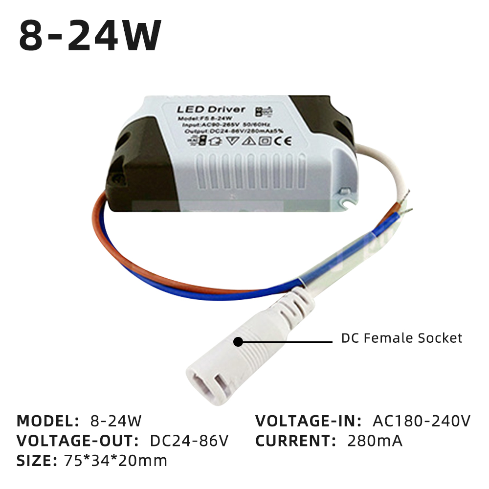 280mA Constant Current DC LED Drivers 8-18W 8-24W LED Power Supplies AC180-240V Electronic Transformer DC Female Socket LED Lamp