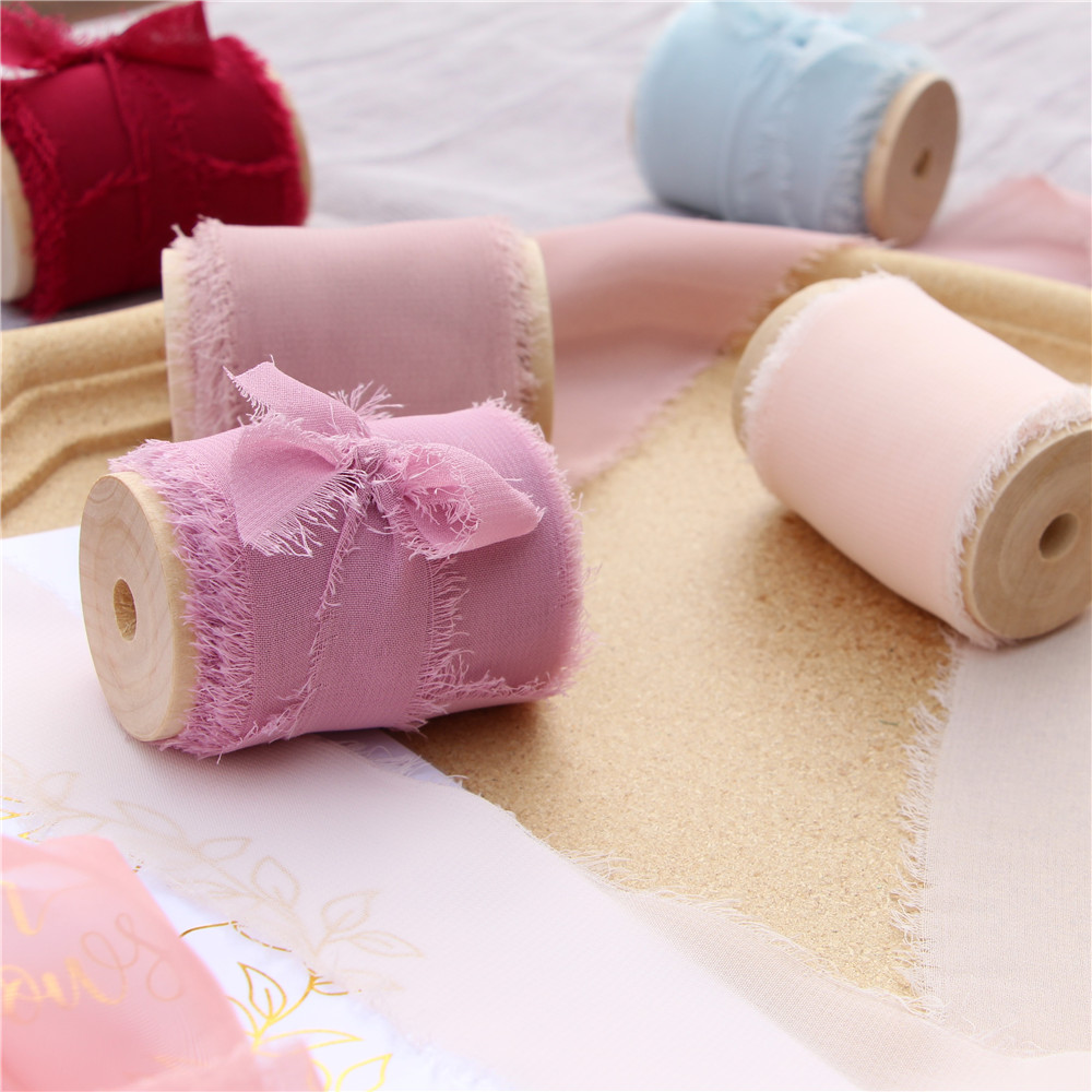 4 pcs Handmade Frayed Edged Chiffon Silk Ribbon with Wood Spool Wedding Invitation Bouquets 4cmx5.5m Sheer Fringe Ribbon Flatlay