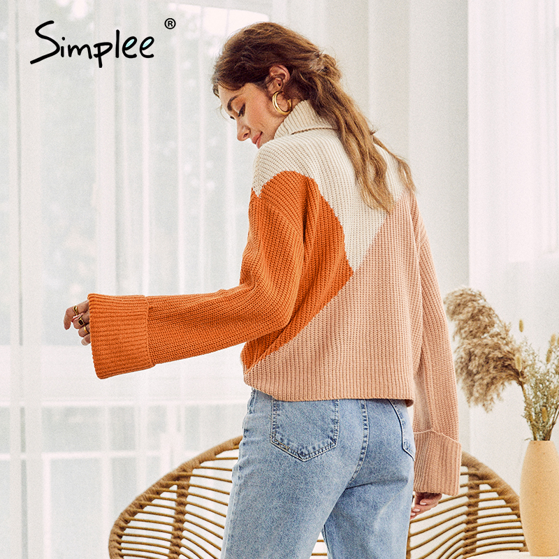 Simplee turtle winter 2020 pullover woman sweater harajuku patchwork sweaters women knitted high fashion female loose jumper