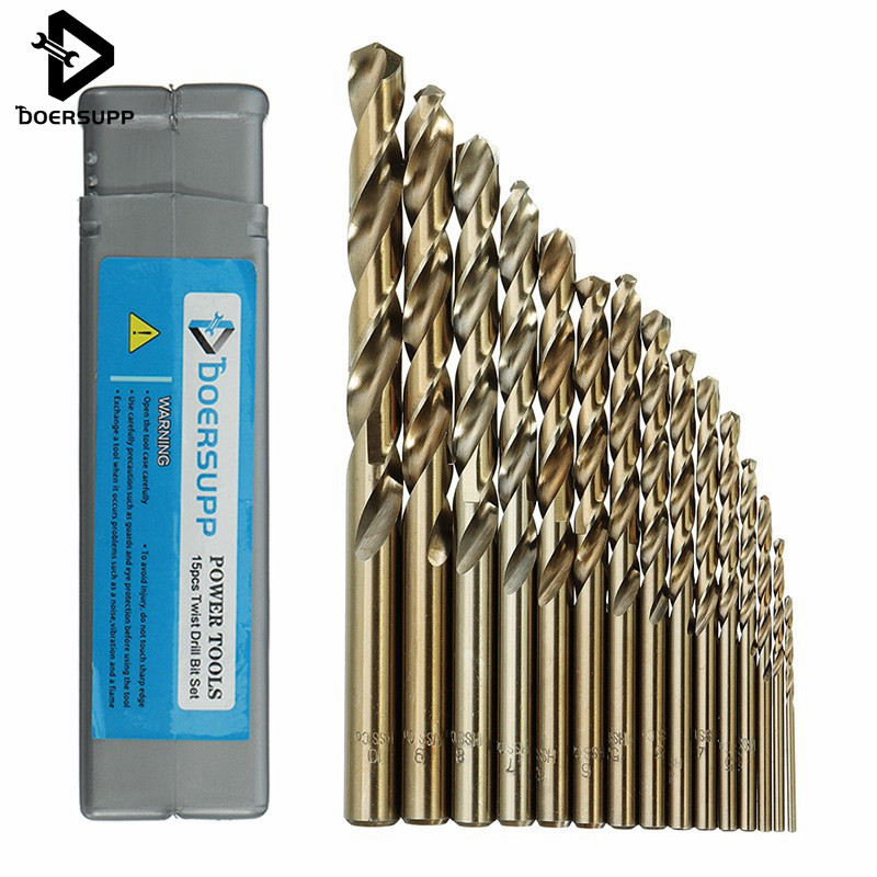 Doersupp 15pcs/set 1.5-10mm HSS-CO M35 Cobalt Twist Drill Bit 40-133mm Length Wood Metal Drilling Electric Drill Power Tools