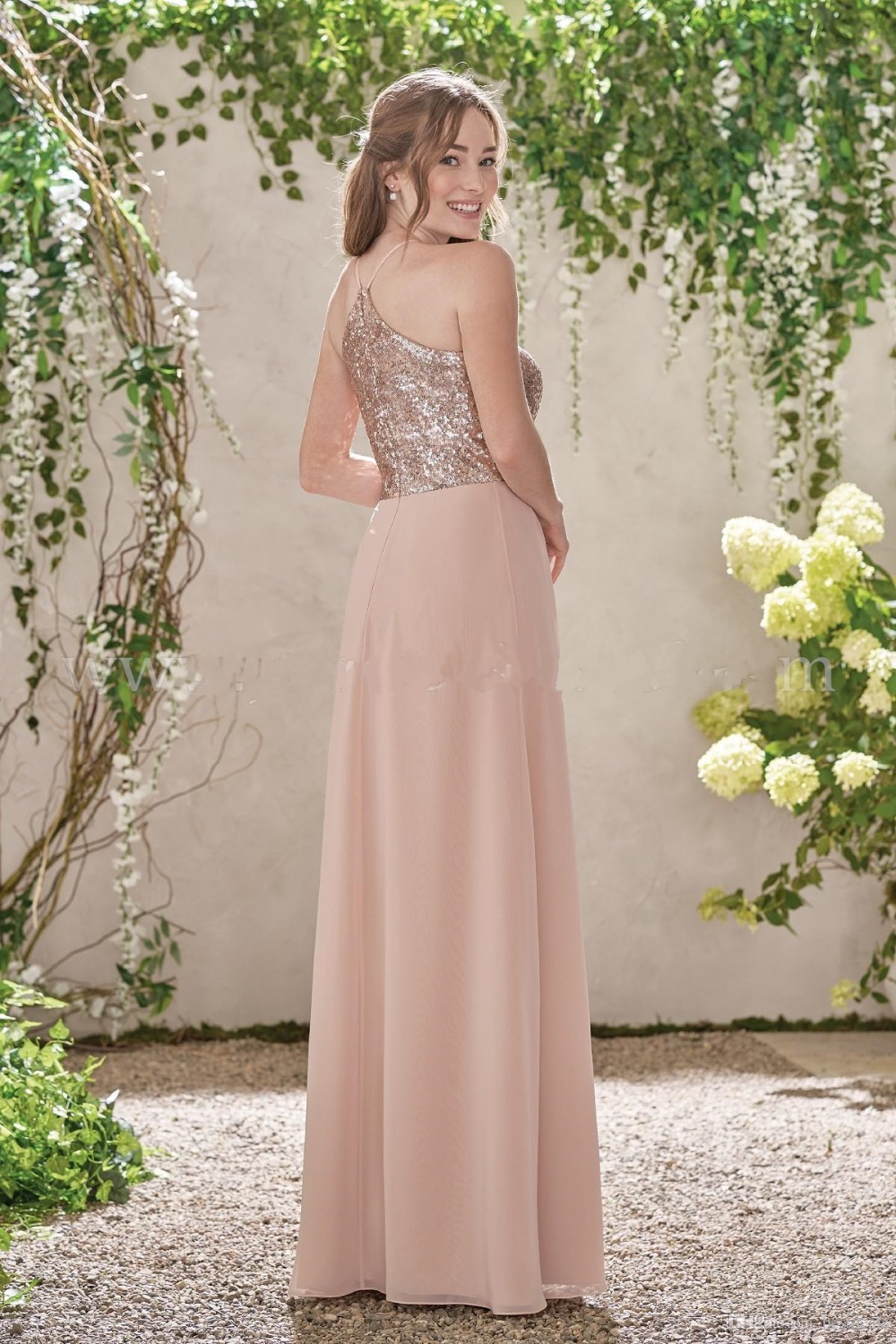 Rose Gold Bridesmaid Dresses A Line Spaghetti Backless Sequins Chiffon Long Beach Wedding Gust Dress vestido de festa longo