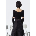 [EAM] Women Black Split Brief Temperament Short T-shirt New Halter Long Sleeve Fashion Tide Spring Summer 2021 1S977