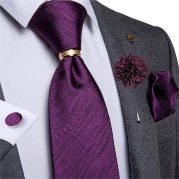 Purple Solid Necktie 100% Silk Ties For Men Pocket Square Cufflinks Brooch Set Business Wedding Party Cravat Tie Ring DiBanGu