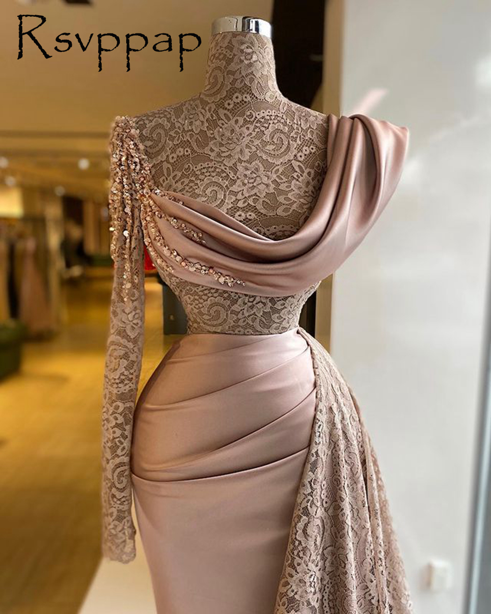 Long Evening Dresses 2020 Sexy Sheer Lace Long Sleeve High Neck Dusty Pink Dubai Women Formal Evening Party Gowns