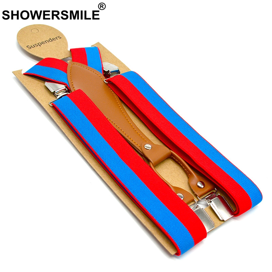 SHOWERSMILE Stripe Suspenders Men Fashion Green Trouser Belts 3.5cm Elastic Pants Straps 4 Clips Suspenders Male Yellow Red Blue