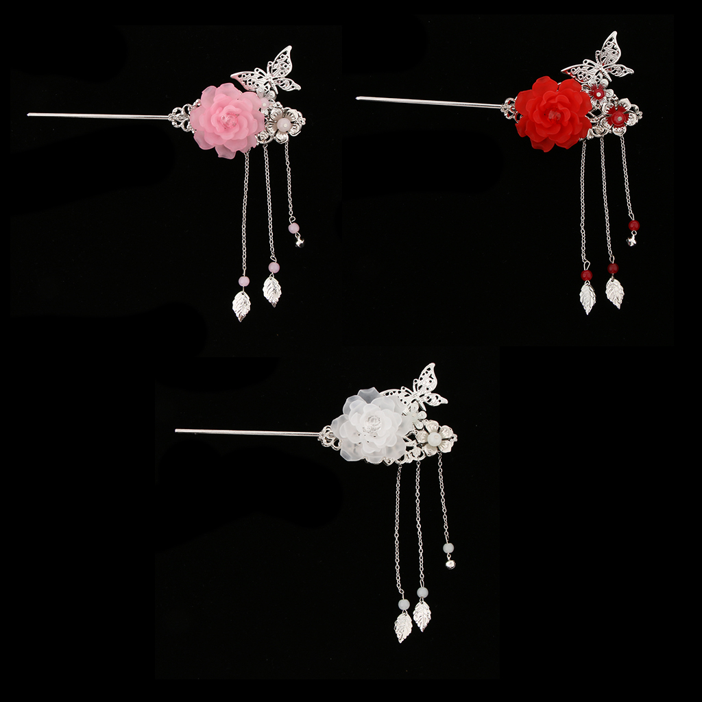 Retro Floral Metal Hair Stick Pin Tassel Chignon Geisha Kimono Cosplay Headwear