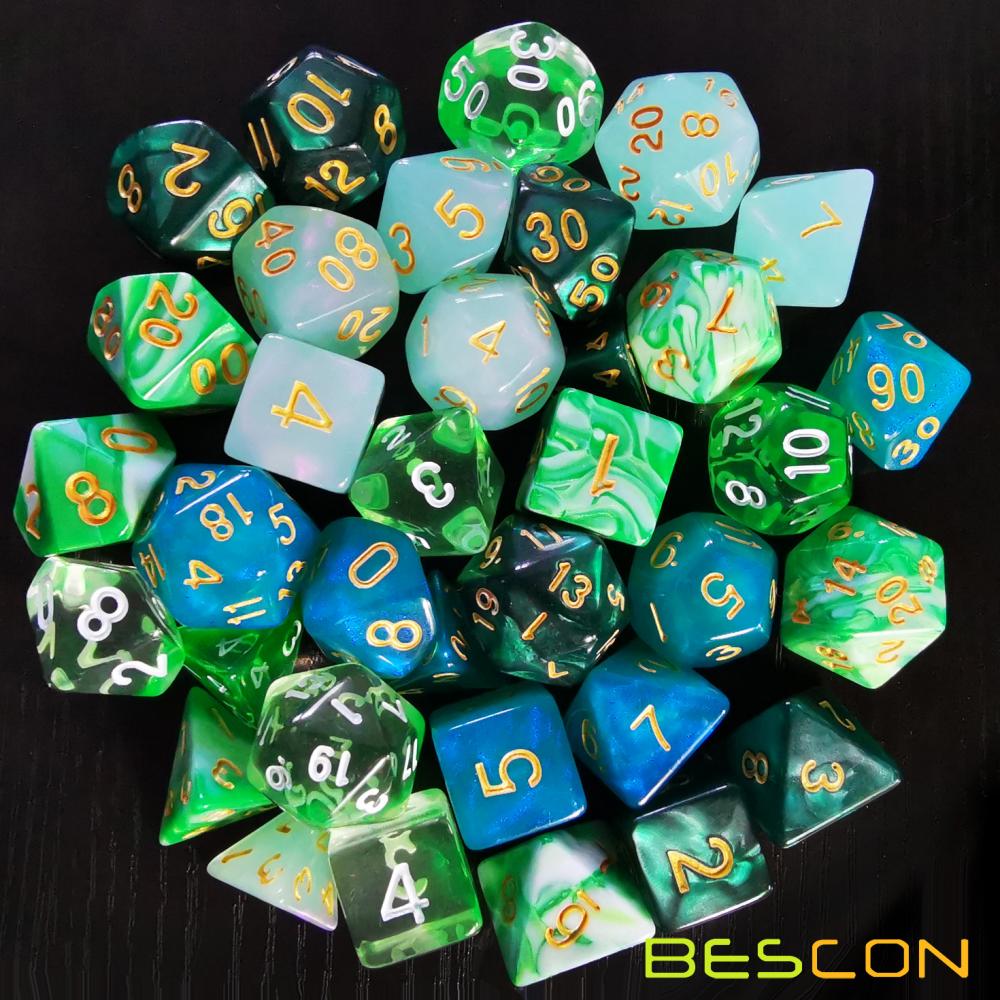 Bescon 35pcs Polyhedral RPG Dice Emeralds Set, DND Role Playing Game Dice Green Sets 5X7pcs