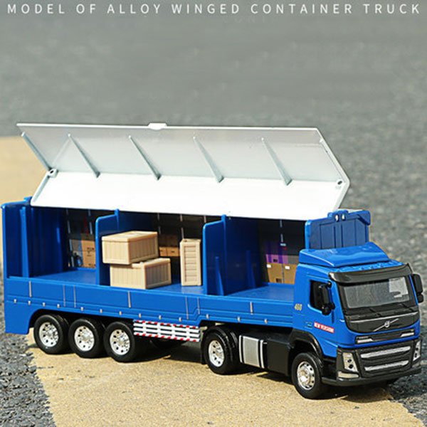 1/32 Scale Simulation Container Transport Truck Miniature Metal Alloy Sound and LED Light Pull Back Vehicles Model Kid's Toy